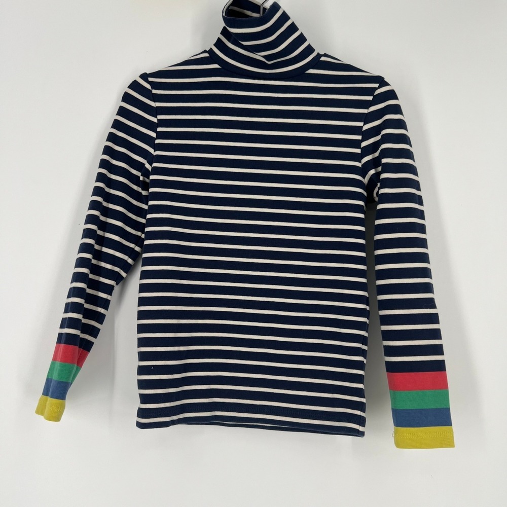Mini Boden Kids Navy White Striped Turtleneck Rainbow Cuffs Top Size 6-7Y